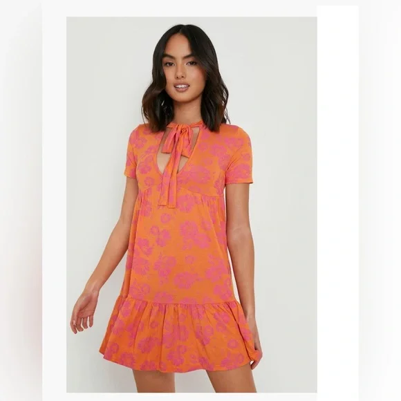 boohoo pink and orange dress Orange Plus Floral Print Ruffle Maxi Dress